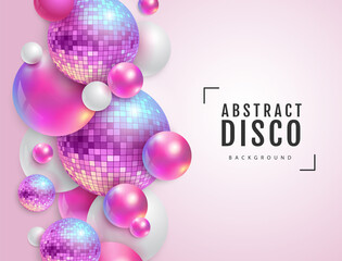 3D abstract background with holographic pink spheres and disco ball spheres. Disco ball background. Disco party poster. Vector illustration