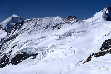 Beautiful glacier landscape seen from Jungfraujoch on a sunny summer day. Photo taken July 20th, 2021, Lauterbrunnen, Switzerland.