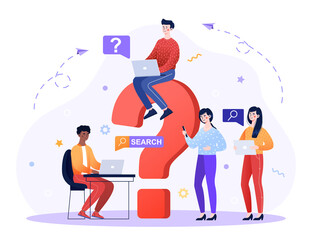 Questioning contemplating concept. Men and women asking questions, discussing, searching for answers. Character are sitting at laptops next to a large question mark. Cartoon flat vector illustration