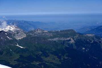 Panoramic view from Jungfraujoch on a beautiful summer day. Photo taken July 20th, 2021, Lauterbrunnen, Switzerland.