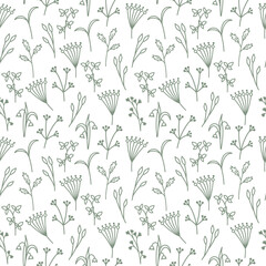 Seamless pattern with simple little flowers. Elements isolated on retro background. Vector illustration with twigs. Perfect for printing on fabric or paper.