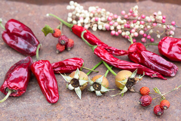 Composition with dried peppers, rose hips and pink pepper on a rusty table