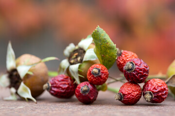Composition with dried rose hips on a rusty table