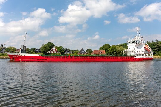 SEHESTEDT, GERMANY - JUNE 19, 2021: general cargo vessel ELENA L in the Kiel Canal