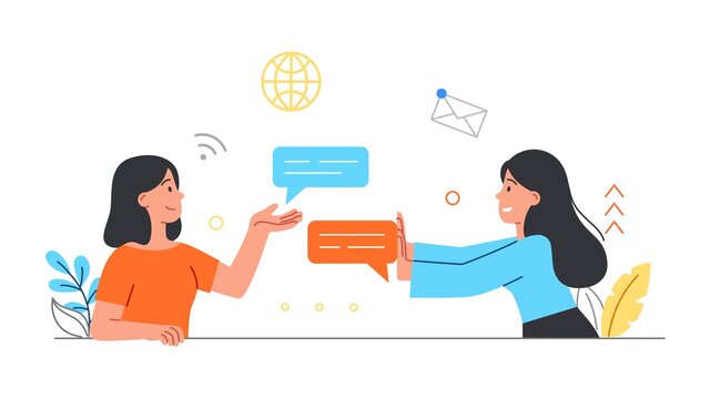 Concept of online communication. Women communicate with each other on social networks. Characters send a message. Notification. Cartoon modern flat vector illustration isolated on a white background