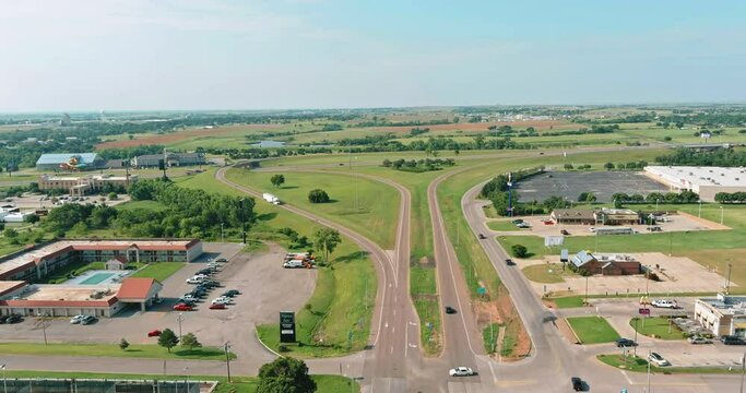 04 JULY 2021 Clinton Oklahoma USA: Overlooking view of a small town a Clinton in the highways, US Rte 66 interchanges of Oklahoma US