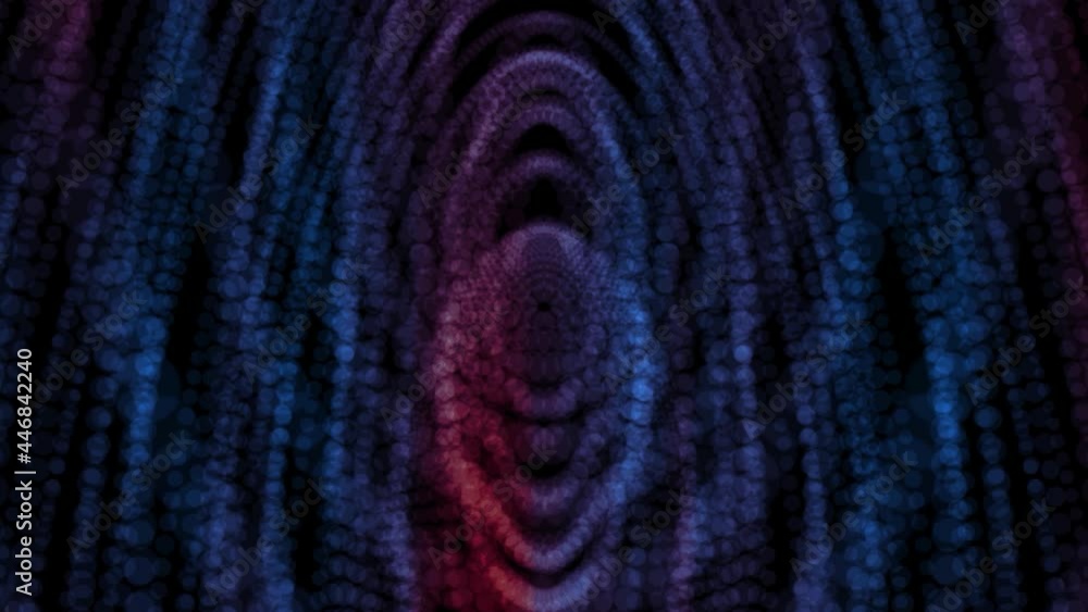 Poster abstract blue and red shiny particles forming rings and effect of deep tunnel. motion. colorful dots