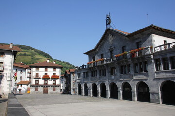 Stunning stone town hall in a square in the village of Leitza, Navarra
