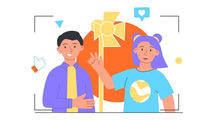 Popular blogger concept. Man invited a famous person to his show on the Internet. interview with a blogger. Filming process. Cartoon modern flat vector illustration isolated on a white background