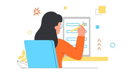 Naklejka na ściany i meble Checklist with tasks concept. Woman sits at a table and puts a check mark on her to do list. Improving personal efficiency and time management. Cartoon flat vector illustration on a white background