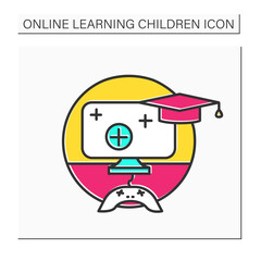 Online education games color icon. Learning gaming technology concept. Web schooling. Modern distant e-learning, online education and school at home. Isolated vector illustration