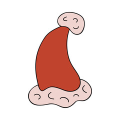 Santa Claus hat with fur in red colors. Cute stylized christmas sign. Can be used for pattern; sticker; scrap element; social media. Vector illustration with hand drawn outline isolated on background.