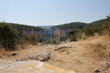 Cliffs with a lot of vegetation and in the foreground some rocks in the Foz de Arbaiun in Navarra, Spain