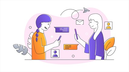 Communication via the Internet concept. Women stand next to each other and communicate on social networks. Modern society. Conversation at a distance. Flat vector illustration on a white background