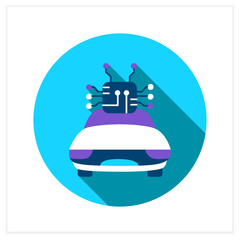 Self-driving car flat icon. Autonomous vehicle with data connection links and wireless interface. Concept of ai transport technology. 3d vector illustration