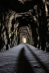 Dark stone tunnel to a cave with the dirt road to the Foz de Lumbier in Navarre