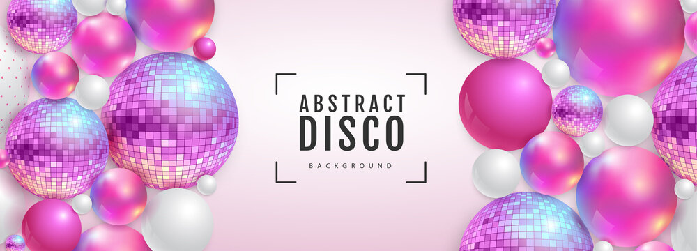 3D abstract background with holographic pink spheres and disco ball spheres. Disco ball background. Disco party poster. Vector illustration