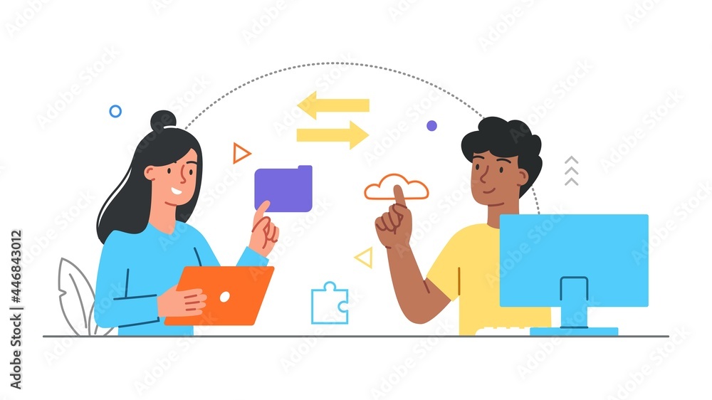Poster data transfer concept. characters exchange files via cloud storage and email. modern technologies an