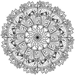 Mandala for Halloween, coloring page with magic books, cobwebs and autumn leaves