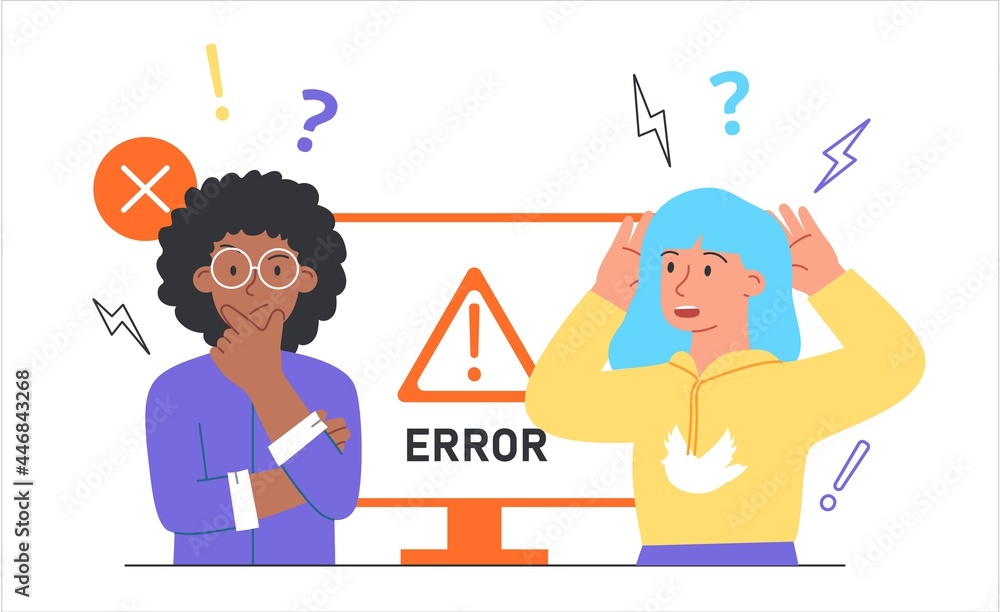 Poster concept operating system error warning. 404 error. two women are upset because of a system error. mo