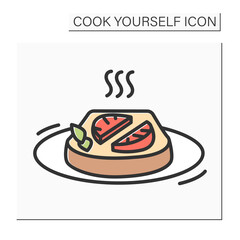 Toast with tomato color icon.Fresh bread with slices tomato on a plate.Homemade recipe. Isolated vector illustration