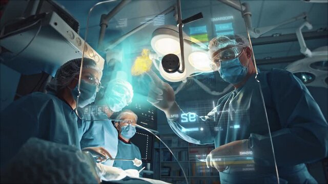 Surgeons start heart surgery using augmented reality technology screen. Performing transplant operation in futuristic hospital. Interactive animation concept of future. .