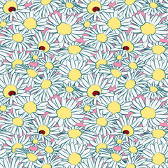 Seamless pattern with daisies and ladybirds