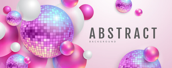 3D abstract background with holographic pink spheres and disco ball spheres. Disco ball background. Disco party poster. Vector illustration - obrazy, fototapety, plakaty