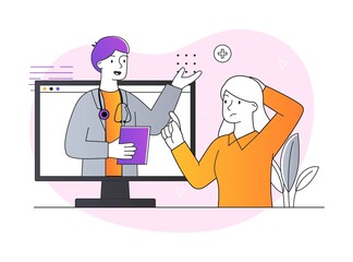 Healthcare service concept. Online consultation with a doctor. Woman communicates with the therapist via video link. Cartoon flat line art style vector illustration isolated on a white background