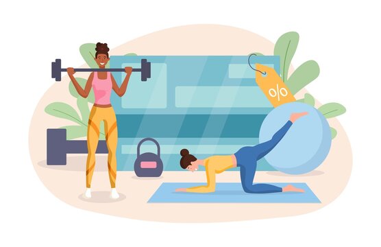 Sports training concept. Two women are engaged fitness in the gym. Discount on the subscription. Sports equipment, dumbbells, barbell. Cartoon flat vector illustration isolated on a white background