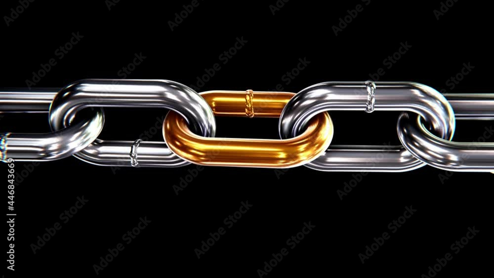 Aufkleber realistic 3d animation of the golden link in a steel chain rendered in uhd with zooming-in camera