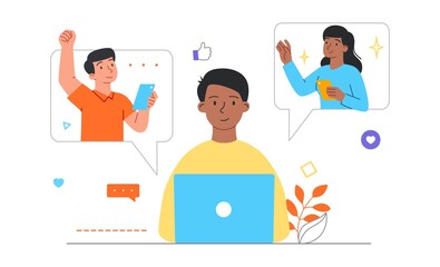 Internet communication concept. Man communicates with a friend and girlfriend on social networks. Notification of a new message. Cartoon flat vector illustration isolated on a white background