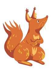 Cute squirrel. Hand drawn vector illustration. Colored cartoon doodle of autumn forest animal. Single wild animal drawing isolated on white. Element for childish design, print, sticker, card, decor.