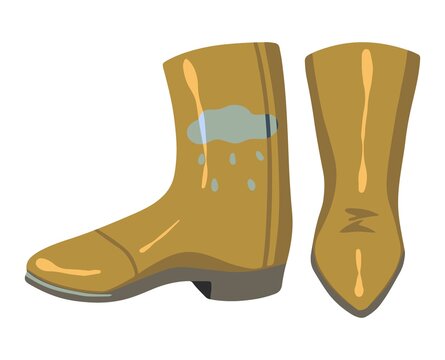 Rubber boots. Autumn and spring accessory. Hand drawn vector illustration. Colored cartoon doodle of shoes. Single drawing isolated on white. Element for design, print, sticker, card, decor, wrap.