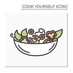 Vegetable salad color icon.Veggie fresh salad with bell pepper in a bowl. Homemade healthy lunch or dinner. Diet and vegetarian recipe. Isolated vector illustration