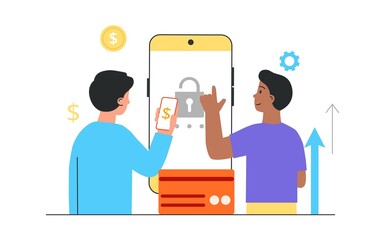 Online banking concept. Secure payments and e-wallet. User holding login and password page. Men enter the mobile bank on the phone. Cartoon flat vector illustration isolated on a white background