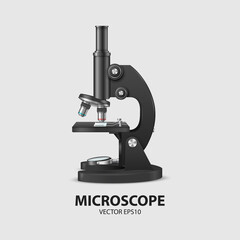 Vector 3d Realistic Black Laboratory, School Microscope Isolated on White. Chemistry, Microbiology Tool. Science, Lab, Research, Education Concept. Design Template, Mockup. Front View