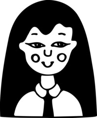 Asian school girl avatar. Character student dressed in uniform: white shirt, tie. Hand drawn child with black long straight hair smiles back to school. Cute doodle icon. Cartoon outline illustration.