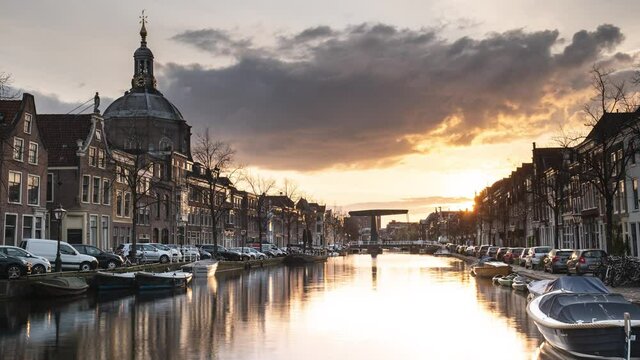 Canal In Leiden, The Netherlands, During Sunset Timelapse