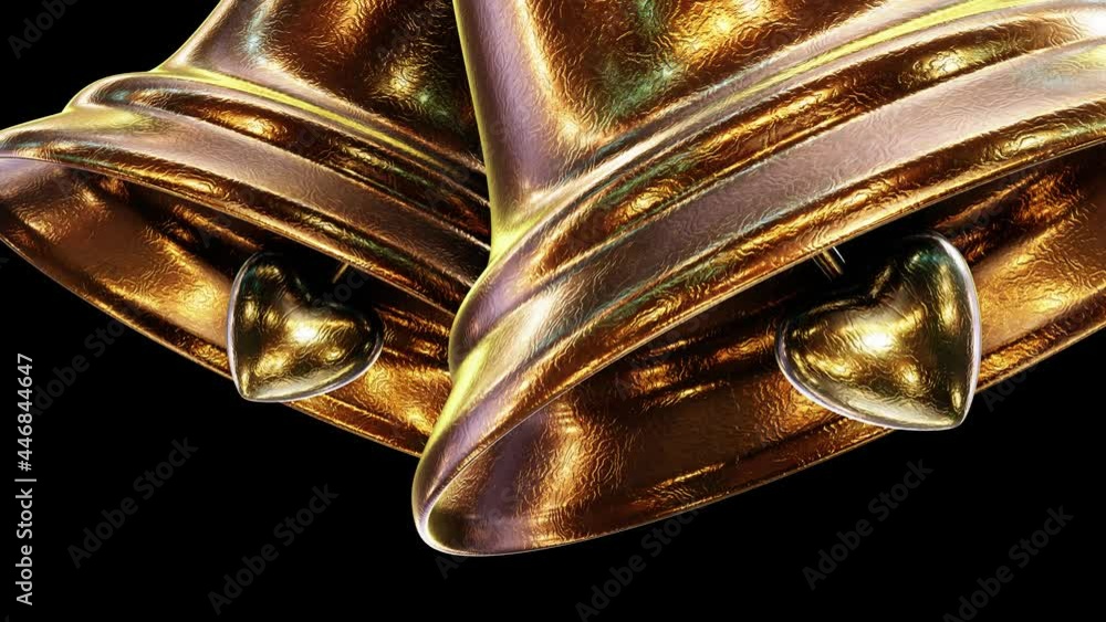 Poster realistic close-up view looping 3d animation of two cozy golden christmas bells rendered in uhd with