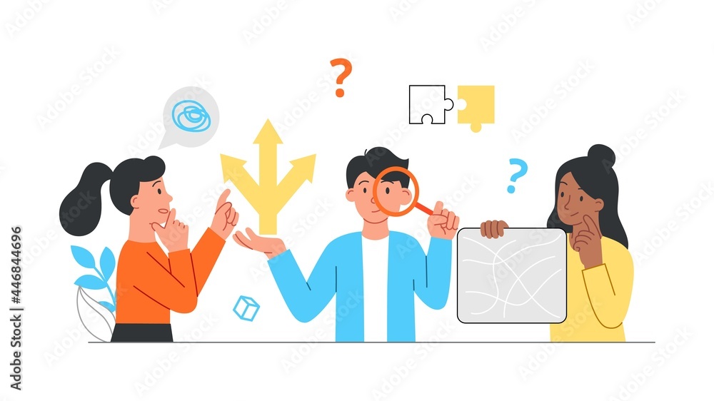 Aufkleber problem solving concept. characters are confused. search for the right solutions. brainstorming and 