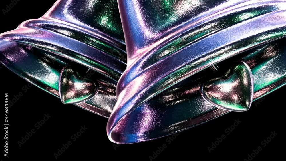 Poster realistic close-up view looping 3d animation of two cozy iridescent silver christmas bells rendered 