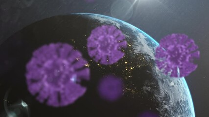 Multiple purple covid-19 cells floating over spinning globe against blue background - Powered by Adobe