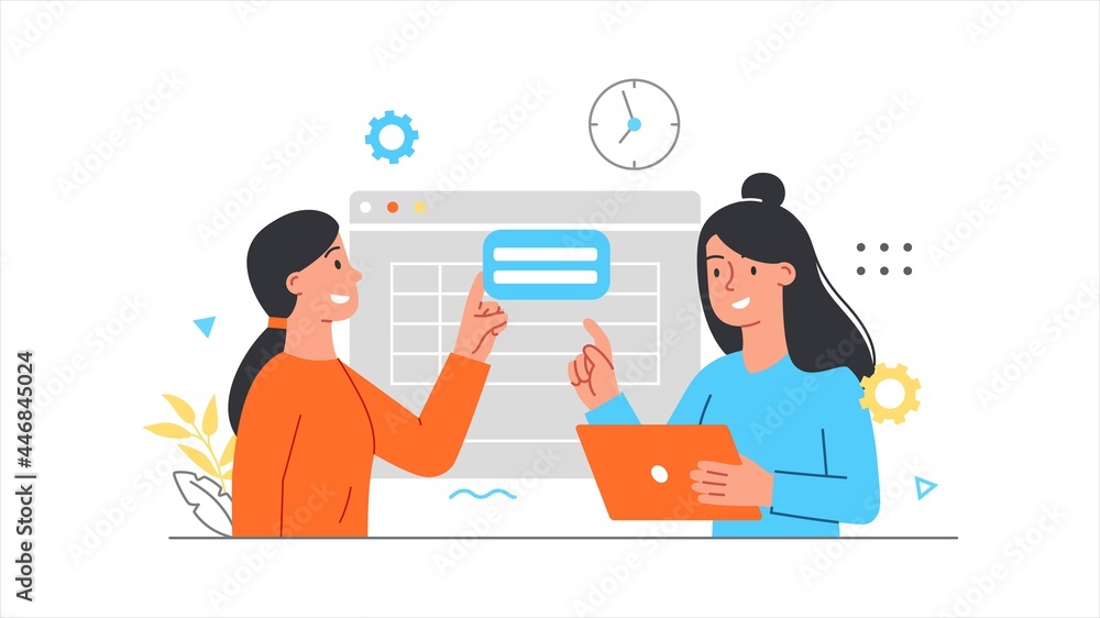 Poster screen interface concept. two women are developing the program interface. effective teamwork. comput