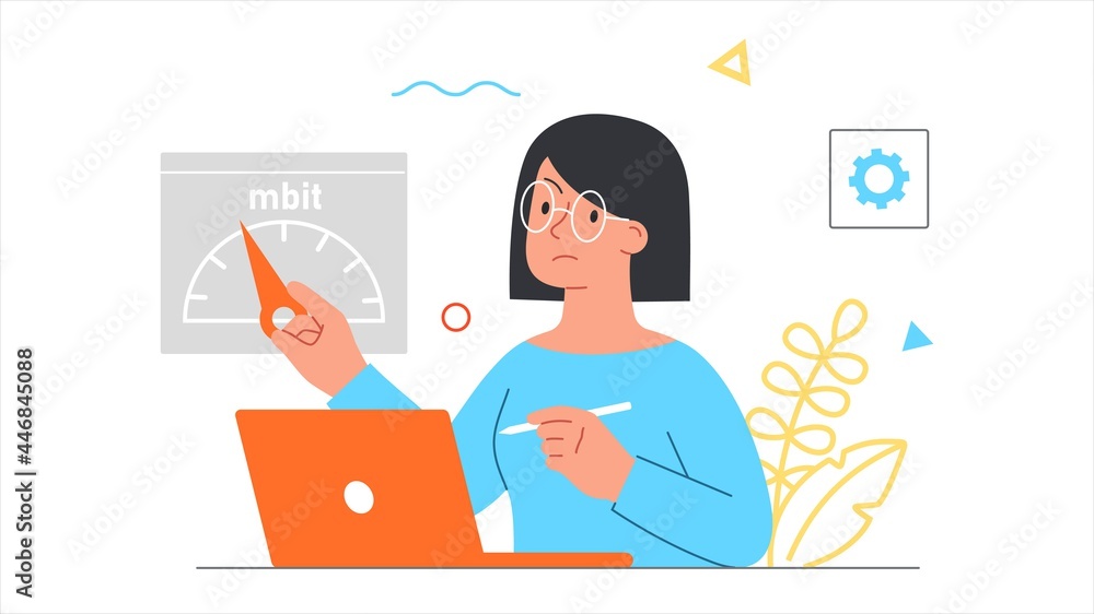 Poster slow loading concept. woman points to the internet speed indicator. signal is low. reduced work effi