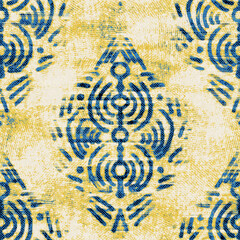 Seamless abstract vibrant blue and yellow pattern for print. High quality illustration. Textured background effect graphic motif. Vivid party glowing effect. Seamless repeat raster jpg pattern print.