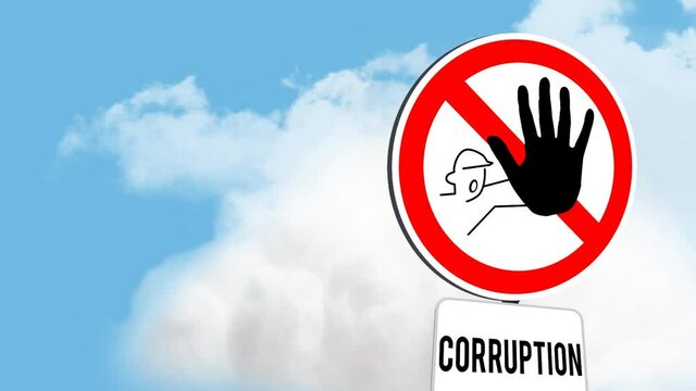 Signboard post with stop corruption text against clouds in the blue sky
