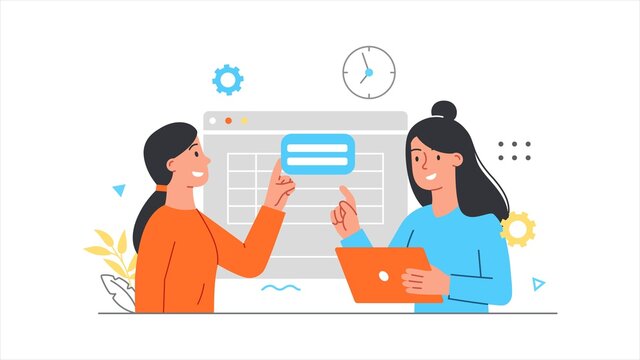 Screen interface concept. Two women are developing the program interface. Effective teamwork. Computer monitor with an image. Cartoon doodle flat vector illustration isolated on a white background