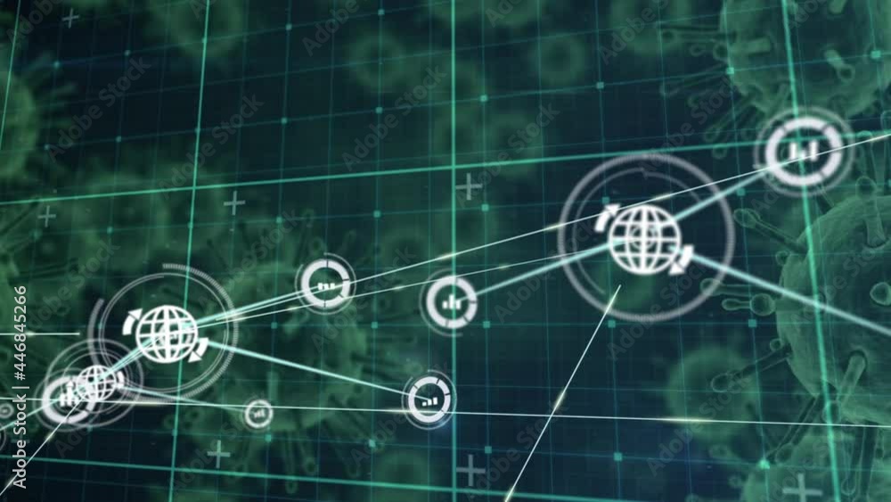 Poster network of digital icons over grid network against multiple covid-19 cells on black background