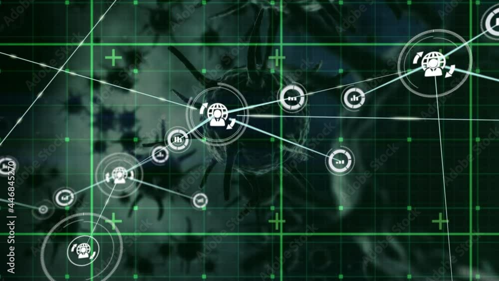 Poster network of digital icons over grid network against multiple covid-19 cells on black background